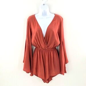 Womens Romper Bell Sleeve Brick Red Plunging V Neckline Audrey 3+1 Sz S